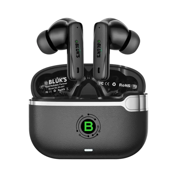 BX-607 BeatScape Earbuds in Black with leather-texture charging case