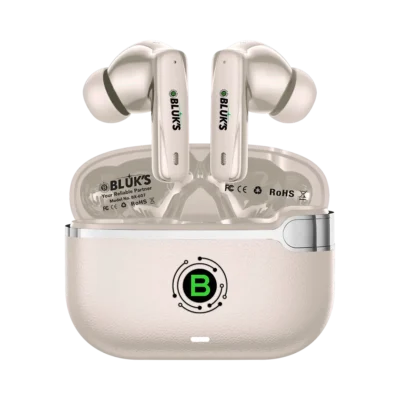 BX-607 BeatScape Earbuds in Beige with leather-texture charging case