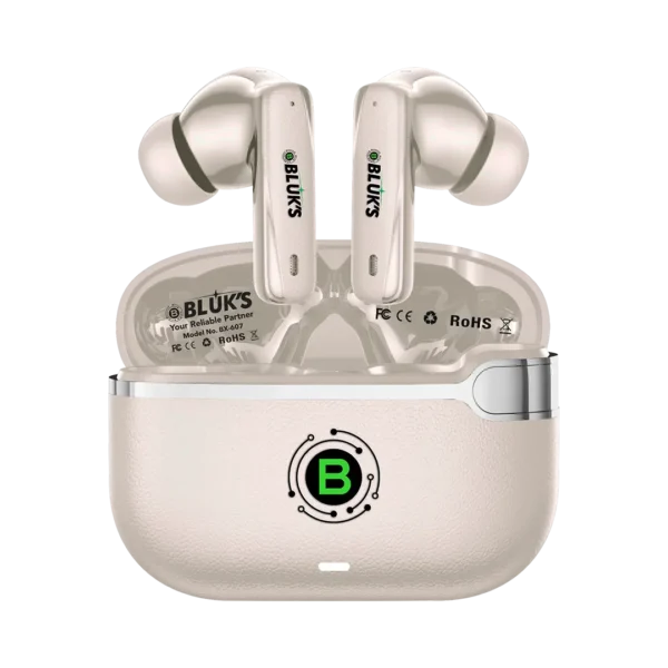 BX-607 BeatScape Earbuds in Beige with leather-texture charging case