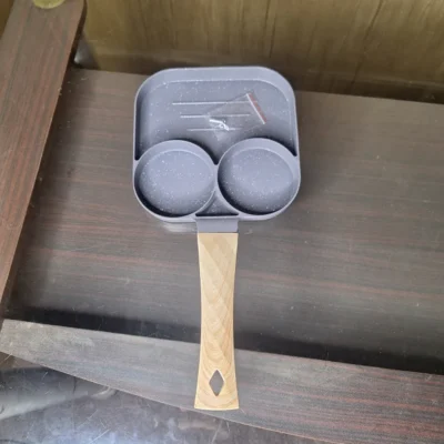 2-Hole Aluminum Egg Frying Pan with Wooden Handle - Cook 2 Eggs Non-Stop Speckled Coating