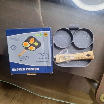 2-Hole Aluminum Egg Frying Pan with Wooden Handle - Cook 2 Eggs Non-Stop Speckled Coating