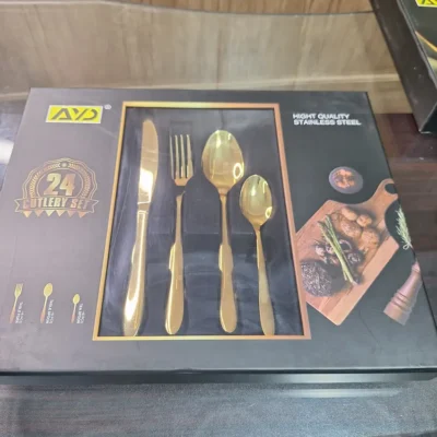 AVD 24 piece cutlery set box close-up with high quality stainless steel label