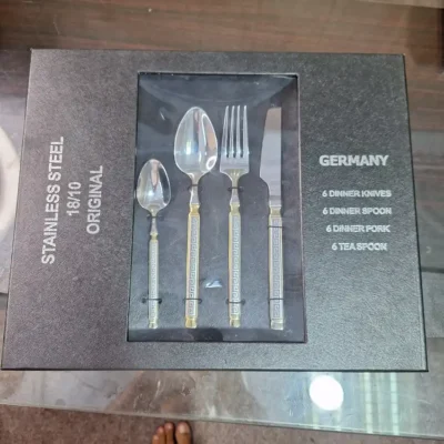 German 24-Piece Cutlery Set - Box with Origin Label German 24 piece cutlery set box showing Germany origin and 18/10 stainless steel