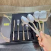 Hand holding AVD cutlery set serving spoons over gift box