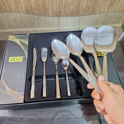 Hand holding AVD cutlery set serving spoons over gift box