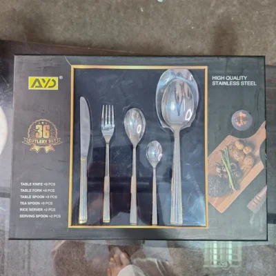 AVD 36 piece cutlery set box showing piece breakdown