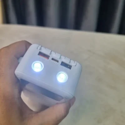 Prior P31 power bank USB-A and Type-C output ports with LED flashlight lit