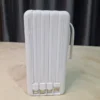 Prior P31 power bank spec label showing capacity and output ratings with built-in cables