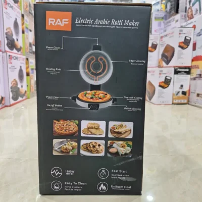 RAF Electric Arabic Rotti Maker box back showing wraps pita pizza and cookies