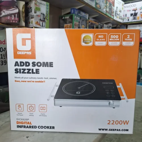 Geepas GIC6926P - Retail Box Front Geepas GIC6926P 2200W digital infrared cooker retail packaging