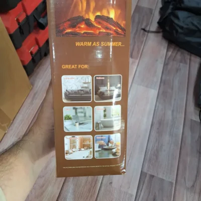 Fan heater box panel showing bedroom, bathroom, and office use cases