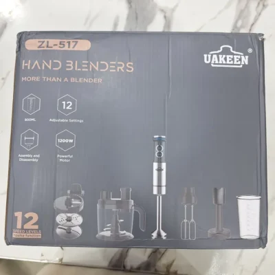 Uakeen ZL-517 - Retail Box Back (Attachments) Uakeen ZL-517 8-in-1 hand blender box back showing all attachments