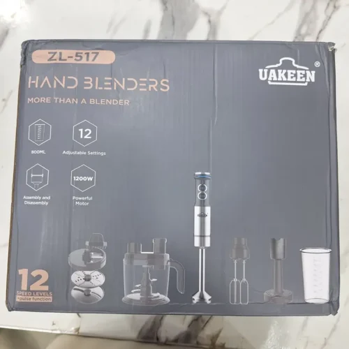 Uakeen ZL-517 - Retail Box Back (Attachments) Uakeen ZL-517 8-in-1 hand blender box back showing all attachments