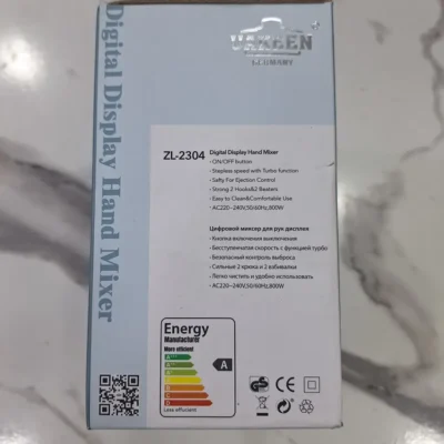 Uakeen ZL-2304 hand mixer box back specifications in English and Russian