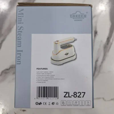 Uakeen ZL-827 - Box Back Barcode Panel Uakeen ZL-827 mini steam iron box back panel with barcode and specs