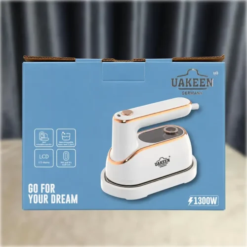 Uakeen ZL-227 - Retail Box Reference Uakeen ZL-227 folding travel iron retail box on dark background