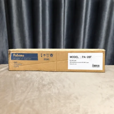 Paloma PA-28F 5.80kW Two-Burner Gas Cooking Stove Made in Japan carton and model label